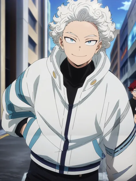 (masterpiece, best quality, anime, anime coloring:1.3, superhigh res). 17-years-old, young, 1man, male. ((White hair, blue eyes, curly hair. Wearing a white jacket, dark jeans. Happy smile)) City avenue background, daylight.
My Hero Academia character, MH...