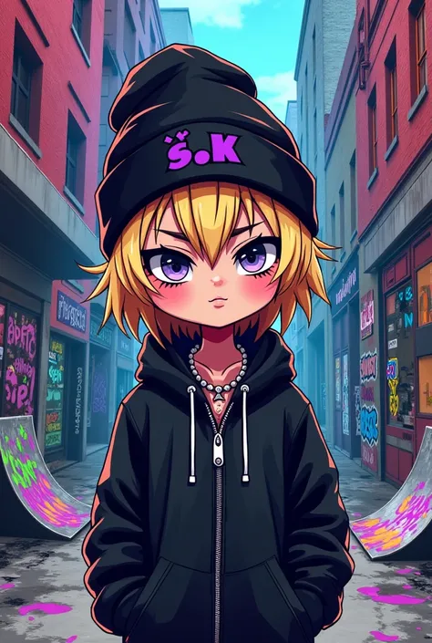 Cover of rap music like Plaiboicarti rapper Cartoon version graffiti Gangsta Goth Braco Skater and Blonde Te Touca spelled S ¡¢K in dark purple