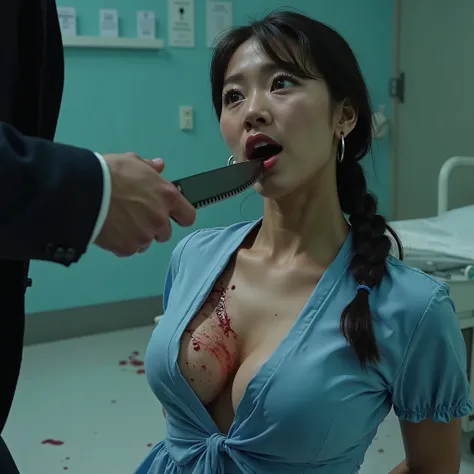 Beautiful asian woman with braided ponytail, huge breasts, cleavage showing, light blue sexy smocks deep vneck outfot, stethescope around neck, hoop earrings, black stilettos. Woman is kneeling on ground with her hands bound behind her back, is surprised, ...