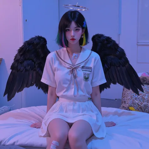 Black Hair,short hair,black eye,Angel&#39;s wing,Black clothes,Gender unknown,Expressionless,The lines are a little rough, best quality, masterpiece, 748cmstyle, 1girl, angel wings, white skirt, glitch, halo, bandaid on leg, black hair, barcode, traditiona...