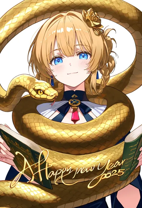 A close-up shot of a golden cyan snake coiling around itself, its vibrant color evoking prosperity and good fortune. Beside the serpent, a youthful girl with porcelain-like skin and piercing blue eyes stands confidently against a crisp white background. Ab...