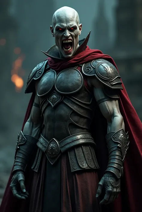 Vampire warrior wearing Spartan armor,  SHOWING TEETH , bat teeth ,  Ultra-detailed, night,  High quality,  8k quality,  very detailed face, Cinematic