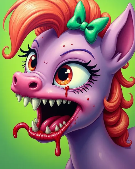 The Subject:
The painting features an energetic yet grotesque close-up of a My Little Pony character. The pony's face is exaggerated with unsettlingly intricate details, blending the bright, colorful MLP aesthetic with the grotesque, hyper-detailed style p...