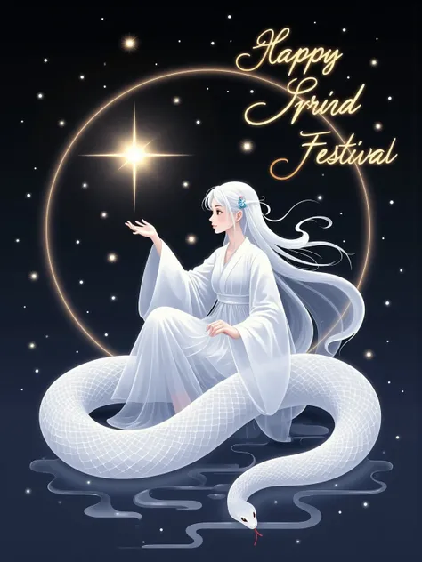 Create a captivating dark fantasy portrait featuring a woman with flowing, long hair and fair skin, seated gracefully beside a glowing crescent moon. A golden script at the center spells out "Happy Spring Festival" with each letter adorned by a distinct, g...