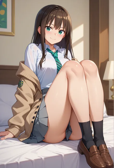 Shibuya Rin  、uniform、whole body、  gray skirt   、black SockS、 Brown shoes、 Smile、  black cardigan、 white Shirt、  beautiful feet、 Stand on your kneeS 、 loose necktie、 is shining、cool、 beautiful hair、embroidery on clothes、Skirt and line、スcoolバッグ