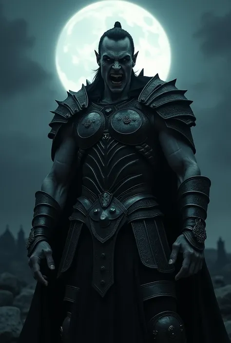 Vampire warrior wearing Spartan armor,  SHOWING TEETH , Pointy bat teeth,  Ultra-detailed, night,  High quality,  8k quality,  very detailed face, Cinematic