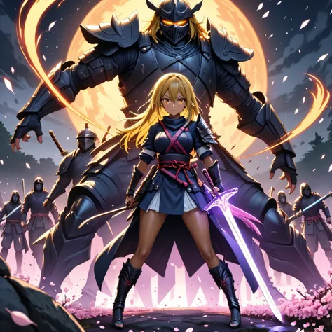   1 girl　+ Master of Swords　+  with a sword　+ Overwhelming Enemy  　+Ninja　+Sengoku Warlord Armor　+The Big Picture　+yellow hair　+The dignity of the general　+Glossy tanned skin　+The magic sword glows orange 　、
battlefield　+ Cherry Blossoms at Night　+ Sword e...