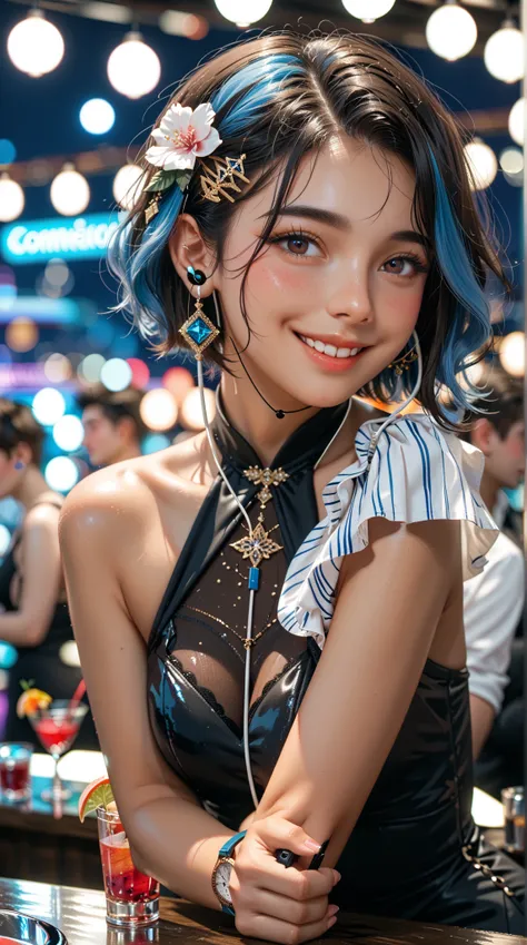  1girl ，25 years old， perfect face ，（aldult），Sexy，Sexy，  Detailed Face ，portrait，facial focus，Depth of Field， watch the audience ， blush ， Shy smile ，Closure ， dark skin，Latino， Striped Hair ，short hair， Dark Hair， Blue hair ， Asymmetric Liu Hai，hair acces...