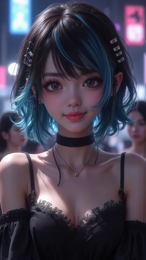  1girl ，25 years old， perfect face ，（aldult），Sexy，Sexy，  Detailed Face ，portrait，facial focus，Depth of Field， watch the audience ， blush ， Shy smile ，Closure ， dark skin，Latino， Striped Hair ，short hair， Dark Hair， Blue hair ， Asymmetric Liu Hai，hair acces...