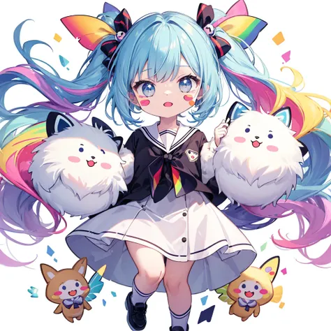 (( stickers : 1.5))), ((  little character  )), (  WHITE BACKGROUND ),  pretty face、Baby Face、Fluffy,  girl ,uniform , sailor suit、  little character ,  full body,  pastel hair , fairy tale,  wonderful, rainbow,   ,  Limited edition ,  best quality, 16k,