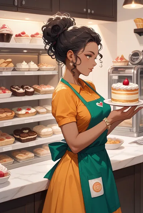 Dark-brown-skinned woman,  curly black hair up to her shoulders , Wearing an apron soiled with candy, holding a cake that symbolizes autism inside a pastry shop 