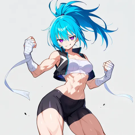 1girl, solo, short messy blue hair, ponytail, purple eyes, medium breasts, narrow waist, wide hips, thick thighs, toned, black sleeveless jacket, white strapless top, black biker shorts, bandaged arms, smirk, dynamic fight pose, looking at viewer, simple b...