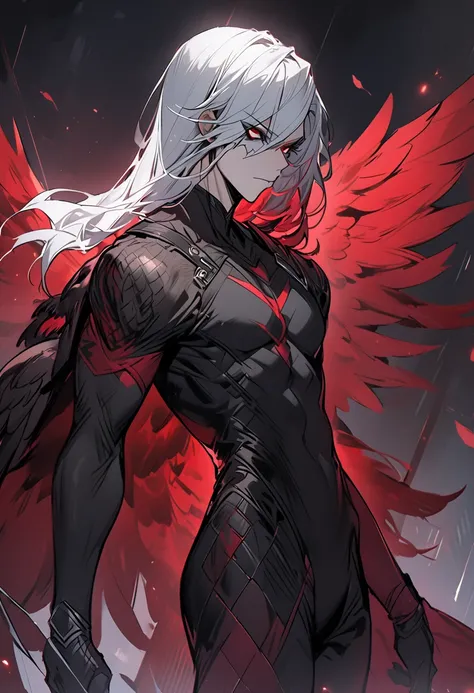 half ghoul human, white hair, red hawk eyes, archer class, a hawk on the side, slender physique, black clothes, 8k high definition