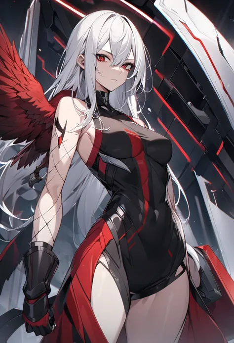 half ghoul human, white hair, red hawk eyes, archer class, a hawk on the side, slender physique, black clothes, 8k high definition