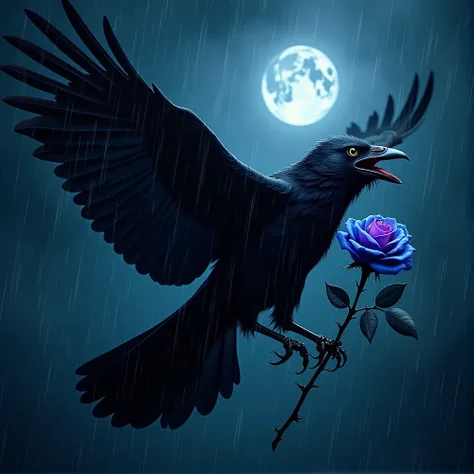  An anatomically correct carbon black raven , with its honey-colored eyes ,  flying with its wings extended , with its open beak , holding with its black claws a blue and purple rose with black thorns on its black stem,  all this with a background of a nig...