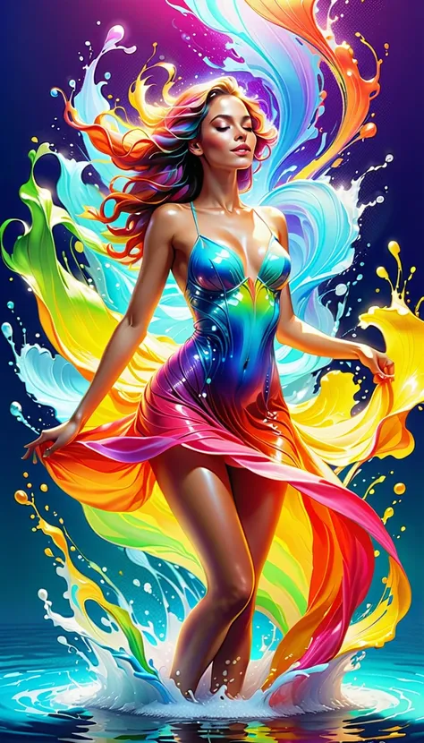  The work expresses the flow of ink, dance на ветру, water effects , colorful water ,goddess, art management , water management ,dance, Perfect face, Beautiful girl,  Healthy ,  ink spot glows .  Brightly colored, Light reflection,saturated colors,Abstract...