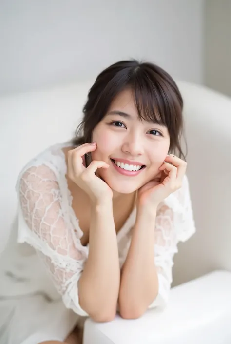 Shoot her at a low angle 、A young woman leaning forward and wearing a loose open shirt on a bare top, staring at the camera, showing her teeth, and putting her hands under her chin to show a natural smile is sitting on the couch。 features a loosely tied po...