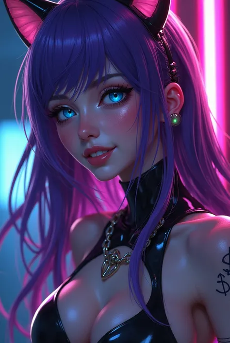 a cyberpunk creative picture extreme close up of a young woman, purple long hair, neon blue eyes half-closed, shackles, black and neon brilliant latex high waist swimsuit, dressing a lovense, cat-woman style, wide smile, dollar sign tatoo on her hips, sear...