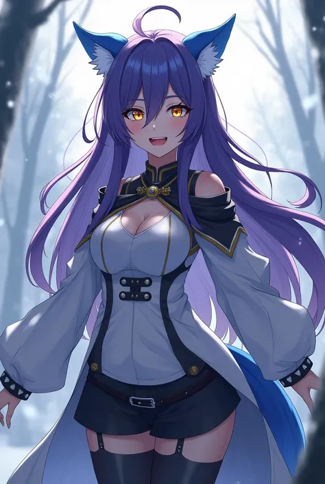 ( maximum quality,  best quality,  official art , beautiful and aesthetic :1.2) female anime, wolf girl, rebellious girl, long purple hair with bangs covering the right side of the face,  golden eyes,  blue wolf ears , voluminous blue tail ,  voluminous wh...