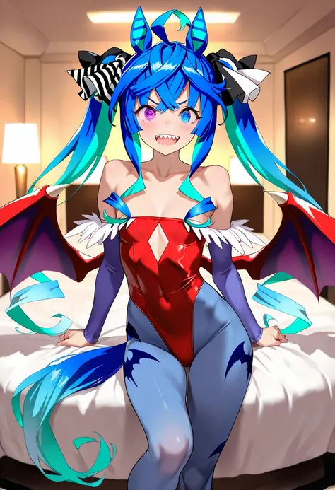 (masterpiece,Highest quality,High resolution,Super detailed), solo, 2girl,  DarkStalkers - Lilith Aensland, Twin Turbo, Umamusume, aqua hair, heterochromia, purple eyes, blue eyes, sharp teeth, Horse's tail, DarkStalkers - Lilith Aensland costume, hotel ro...