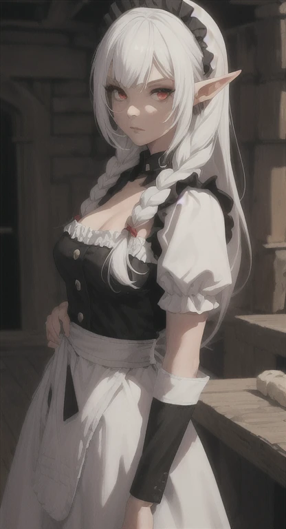 Ancient elf, Battle maid, Hylexia, White hair, red eyes, bandit braids, looking at viewer, long messy hair, lady elf, lore. accurate maid uniform,