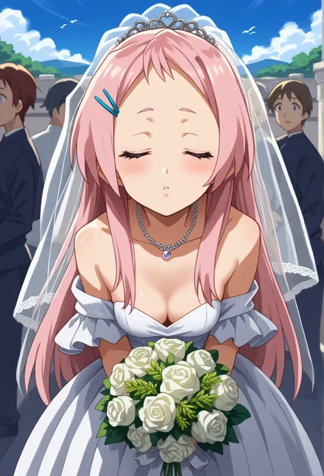 score_9, score_8_up, score_7_up, source_anime,
aguri, aguri, long hair, hair ornament, purple eyes, pink hair, hairclip, small breasts,
cleavage, wedding dress, wedding veil, off shoulder, cleavage,wedding ring, outdoor, sky, standing, cowboy shot, jewelry...