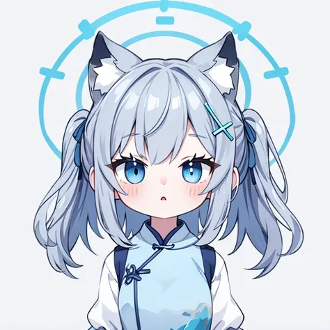 masterpiece, best quality, absurdres, illustration, watercolor,shiroko_bluearchive,wolf ears,Blue and white porcelain cheongsam,chinese cheongsam,grey hair
1 girl,anime character, kawaii, cute, mascot character, fuwafuwa,
postcard,