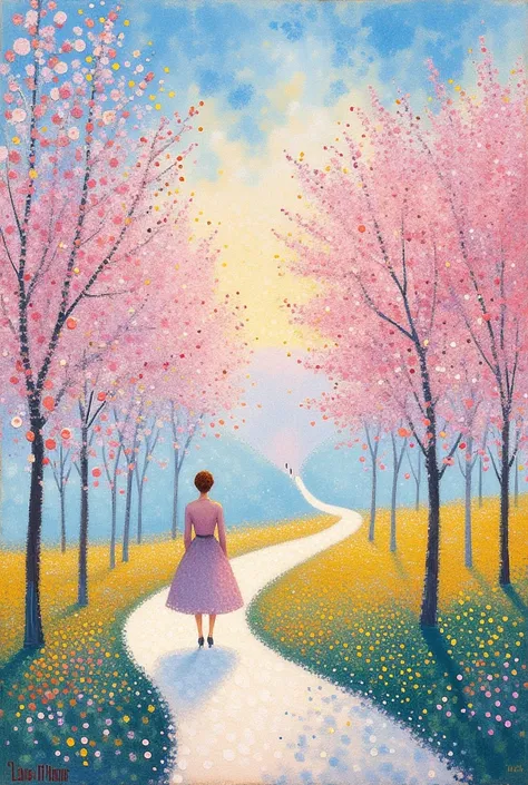   Georges Seurat Style, Sky and Cherry Blossoms ,A Lady Strolling Down the White Path of Memories