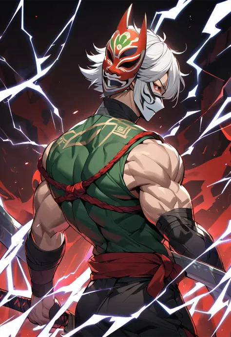 old ninja, white hair, red eyes, green cables connected to his back, strong physique, Mexican mask, lightning sword, 8k high definition