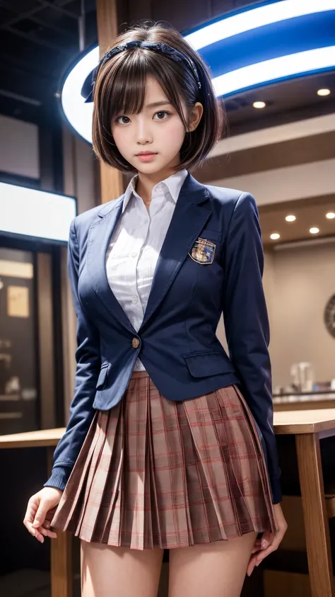 Product quality,  1 girl,   cowboy in extremely complicated costume is shooting for the audience ,  FRONT MAP ,  a pretty young Japanese girl  ,  daytime,   high school girl uniform ,  blazer,wear, wear a checkered pleated micro mini skirt,  very cute face...