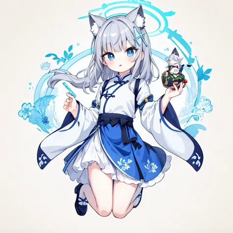 masterpiece, best quality, absurdres, illustration, watercolor,shiroko_bluearchive,wolf ears,Blue and white porcelain cheongsam,chinese cheongsam,grey hair
1 girl,anime character, kawaii, cute, mascot character, fuwafuwa,
postcard,full body