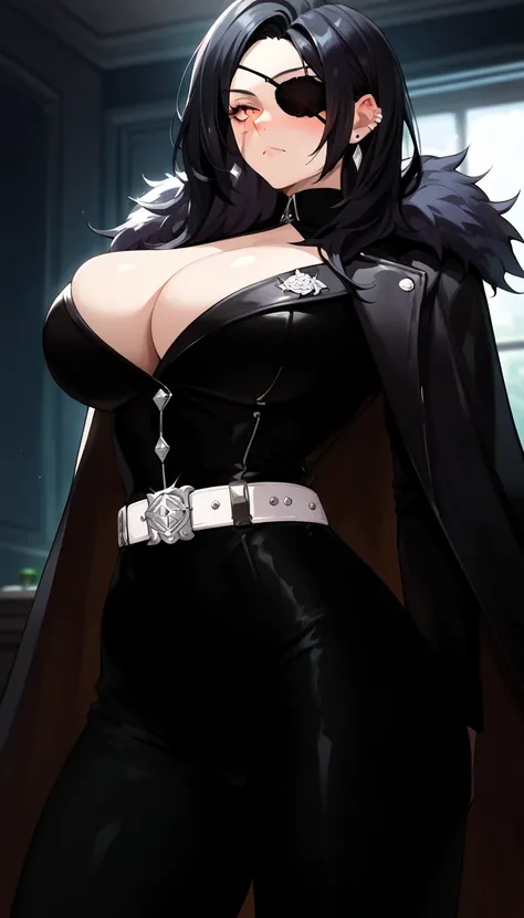 (masterpiece, 8k, ultra detailed,sharp focus),1 women,perfect body,porcelain skin,long parted bangs, long black hair,big breasts, cleavage, black suit,fluff coat cape, leather belt,black pants,orange eyes, eye scar, seductive eyes ,blushing, frown,cowboy s...