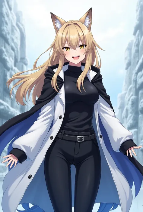 ( maximum quality,  best quality,  official art , beautiful and aesthetic :1.2) female anime, wolf girl, rebellious girl, long blond hair with bangs covering the right side of the face,  golden eyes, ears of the blond wolf, voluminous blue tail ,  volumino...