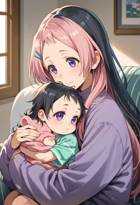 score_9, score_8_up, score_7_up, source_anime,
aguri, aguri, long hair, hair ornament, purple eyes, pink hair, hairclip, small breasts,
 (curvy), BREAK, skindentation,  mother and baby, small girl,hugging up, ((baby with black hair))

