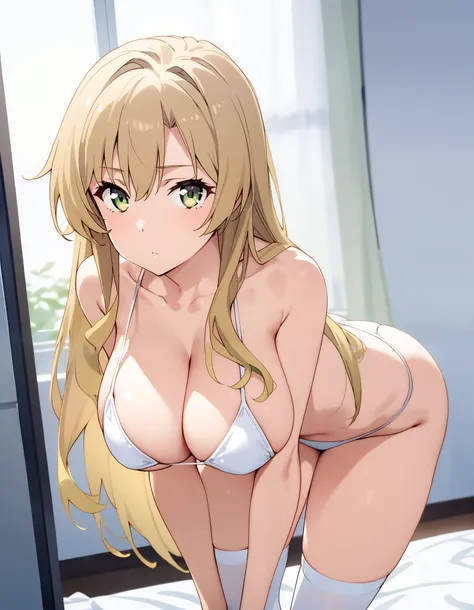  best quality, white super micro bikini、 white high socks、Miura Yumiko, I'm Gail、 blonde、 long hair、 green eyes、 twin drill、 perfect eyes、Big Breasts、solo、 staring at the viewer、A white bedroom、 is standing、 lean forward、Hands on knees