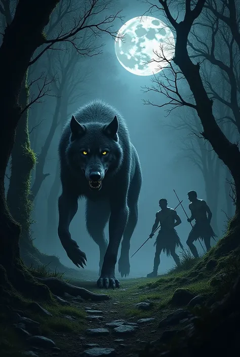 A video of a werewolf walking in a forest at night where you can see the full Moon and suddenly three people come hunting for the werewolf with bows and arrows, all in ancient times. 