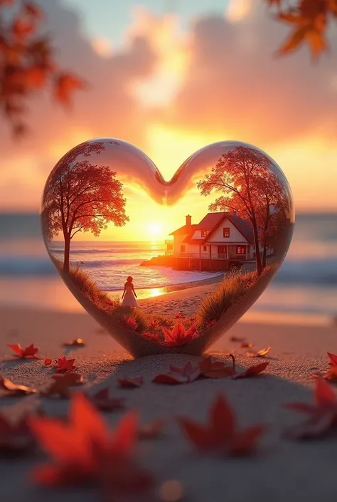  Double exposure of glass hearts ,  Immerse yourself in a soft romantic atmosphere .   Using double exposure technology 、 ,  Dynamic Image .   Create a lifelike thing in a glass heart ,  There is a charming summer villa in front of the beach , waves in viv...