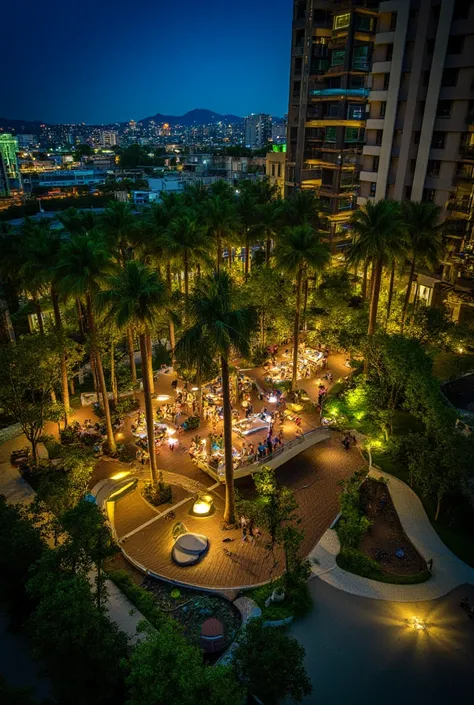 modern luxury apartment, coconut trees, greenery landscape, in the center of city, crowded people, clear sky, night time, warm lighting RAW Photo, RAW texture, Super Realistic, 32K UHD, DSLR, soft lighting, high quality, film rating, Fujifilm XT3