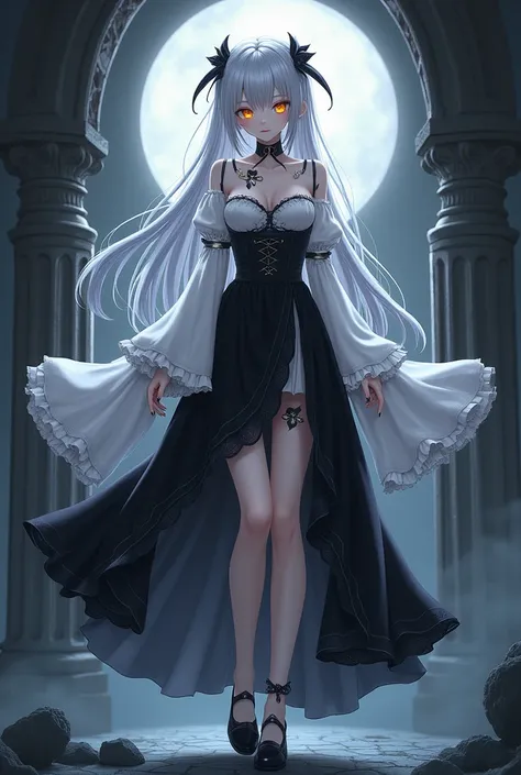 Vampire girl from anime,  white hair,  golden eyes,  brand,  black and white dress , Black skirt,  black shoes .
