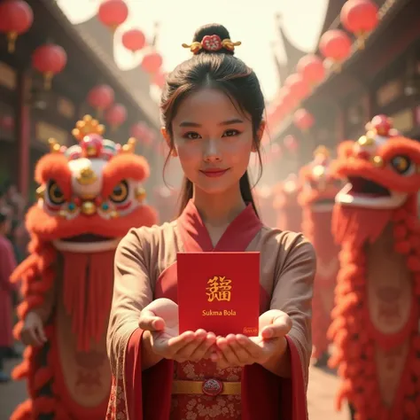 woman holding angpao with barongsai . with the inscription SUKMA BOLA on it 