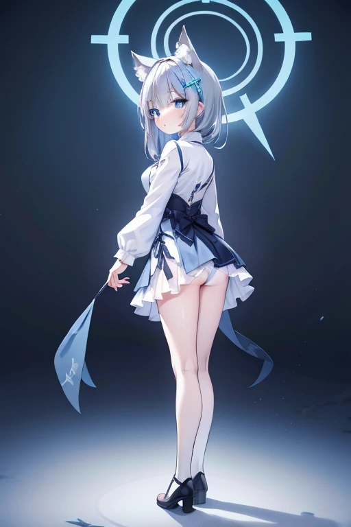 shiroko_bluearchive,wolf ears,full body，Blue and white porcelain cheongsam, standing, from behind, white lace panties exposed