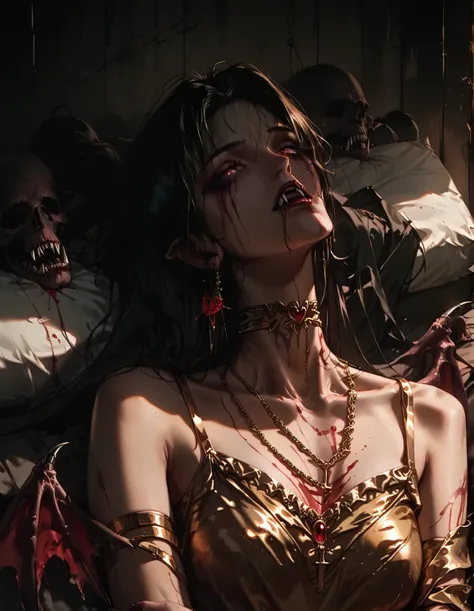  You can see a flat detail of the shoulders, A woman's collarbones and neck  , Vampire bite on the neck, blood, has a necklace, nice view, elegant neckline,   elegant dress ,   gold dress,   dead flowers  , Bats, calaveras . Detail. The girl is lying in a ...