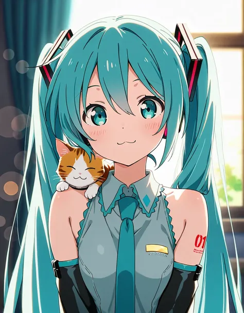 1girl, hatsune_miku, :3, ._., animal_on_shoulder, cat, anime_screencap, bokeh, masterpiece, best quality, perfect anatomy, very aesthetic, amazing quality, high resolution, ultra-detailed, absurdres, newest, depth of field, anime_screenshot