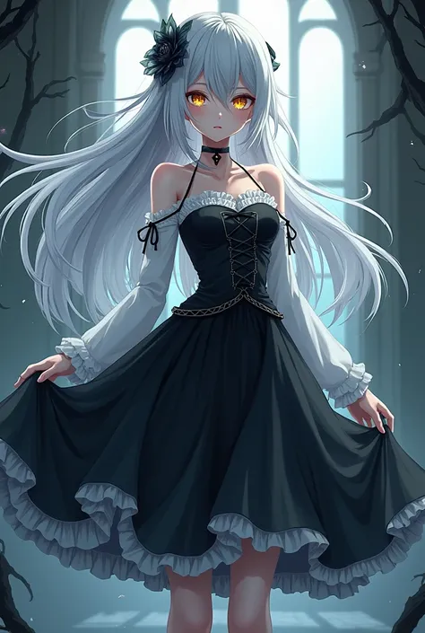 Vampire girl from anime,  white hair,  golden eyes,  brand,  black and white dress , Black skirt,  black shoes .
