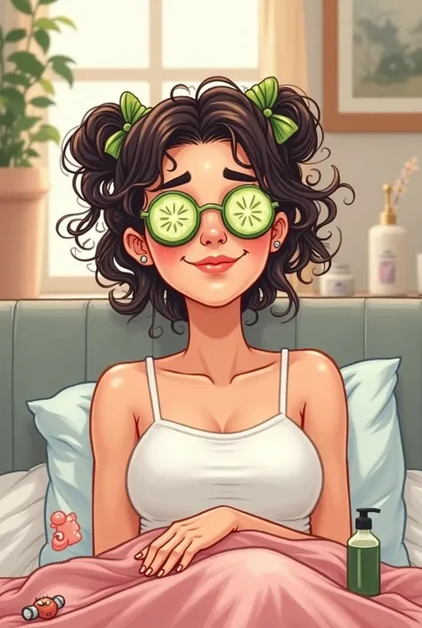 A funny drawing image of a mother in a moment of relaxation,  Taking care of the skin, with cucumber slices in the eyes and bobs in the hair