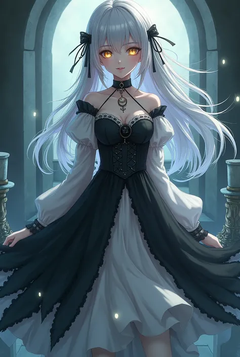 Vampire girl from anime,  white hair,  golden eyes,  brand,  black and white dress , Black skirt,  black shoes .
