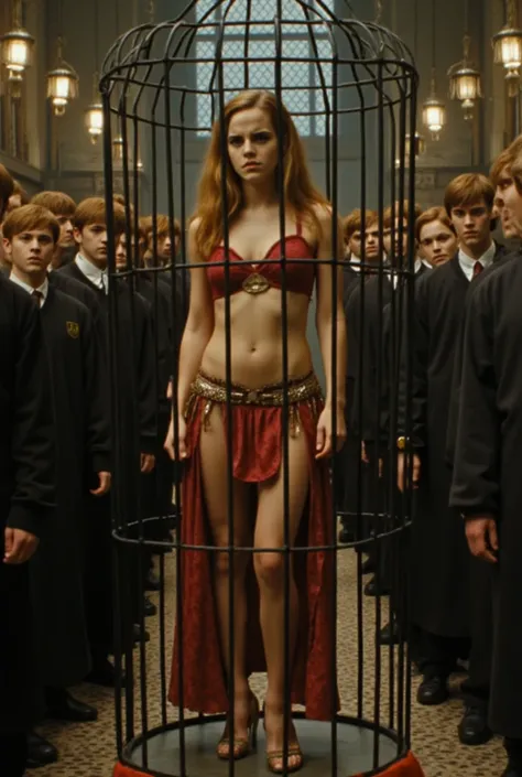 Emma watson as hermione,The photograph is Emma watson as hermione,wearing a skimpy belly dance outfit,,  (view of her whole body), she is in the Hogwarts dining hall, she is trapped in a cage in the center of the room