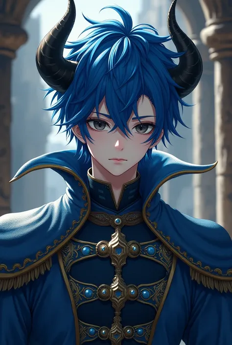  a 20-year-old man , With blue hair black horns,  black eyes, Light skin and anime-shaped blue medieval soldier clothes 