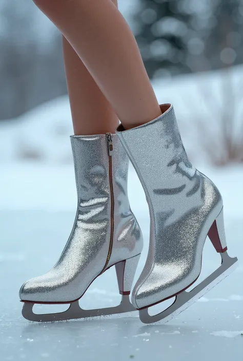 Close up of a woman’s feet wearing silver diamond plate mid heel dress boot ice skates 