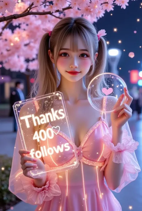 Photorealistic. An attractive Japanese college girl in a pink dress with neon glowing lines on the edges holds a holographic scratchboard in each hand. She has a very slender model figure and big breasts, delicate skin and hair like a doll, and she has a s...